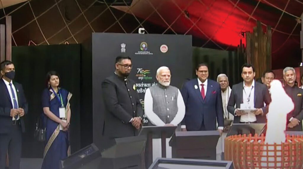 Prime Minister Narendra Modi inaugurating an exhibition at the 17th Pravasi Bharatiya Divas convention, in Indore