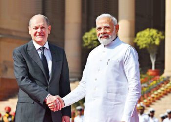German Chancellor Olaf Scholz (left) with Prime Minister Narendra Modi before their meeting at the Hyderabad House, in New Delhi on February 25 – Photo by Sunil Saxena