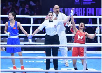 Nikhat Zareen expressing happiness after the referee declared her the winner.