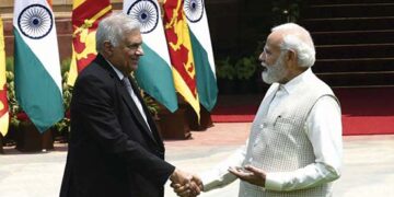 PM Modi with Sri Lankan President Wickremesinghe – Photo by Sunil Saxena
