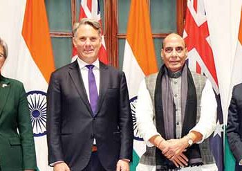 Australian Foreign Minister Penny Wong and Deputy PM Richard Marles with Defence Minister Rajnath Singh and EAM S Jaishankar