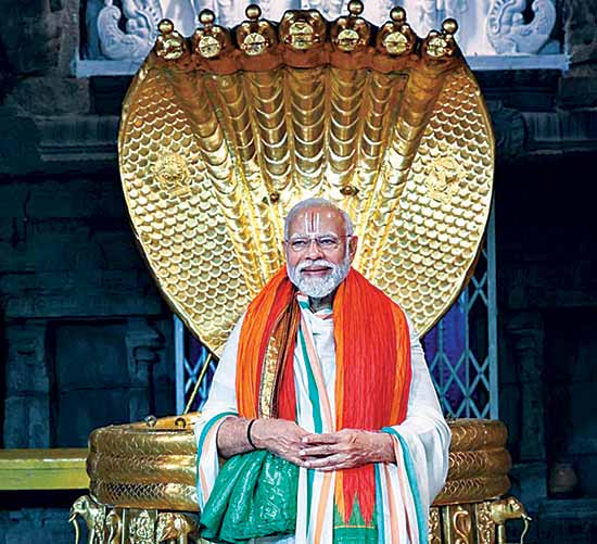 Prime Minister Narendra Modi after offering prayers at Sri Venkateswara Swamy Temple in Tirumala, Andhra Pradesh
