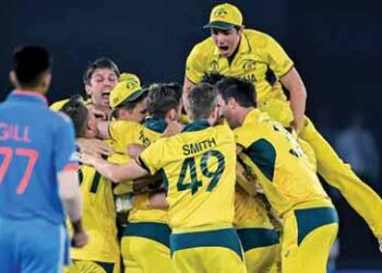 A jubilant Team Australia celebrating the World Cup victory