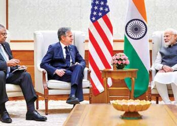 Prime Minister Narendra Modi with US Secretary of State Antony Blinken and Secretary of Defence Lloyd J Austin in New Delhi. P