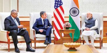 Prime Minister Narendra Modi with US Secretary of State Antony Blinken and Secretary of Defence Lloyd J Austin in New Delhi. P