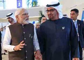 PM Narendra Modi with the President of the United Arab Emirates, His Highness Sheikh Mohamed bin Zayed Al Nahyan, in Dubai on December 1.