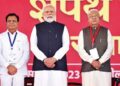 Prime Minister Narendra Modi at the swearing-in ceremony of Mohan Yadav (extreme right) in Bhopal