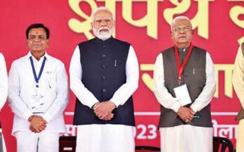 Prime Minister Narendra Modi at the swearing-in ceremony of Mohan Yadav (extreme right) in Bhopal