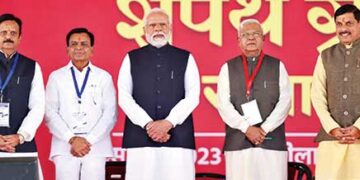 Prime Minister Narendra Modi at the swearing-in ceremony of Mohan Yadav (extreme right) in Bhopal