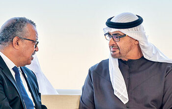 UAE President Sheikh Mohamed bin Zayed Al-Nahyan and WHO Director-General Tedros Adhanom Ghebreyesus in Abu Dhabi.