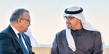 UAE President Sheikh Mohamed bin Zayed Al-Nahyan and WHO Director-General Tedros Adhanom Ghebreyesus in Abu Dhabi.