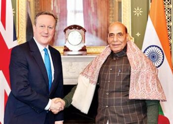 Defence Minister Rajnath Singh with UK Foreign Secretary David Cameron in London
