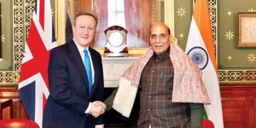Defence Minister Rajnath Singh with UK Foreign Secretary David Cameron in London