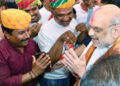 Union Home Minister Amit Shah with party workers in Gandhinagar