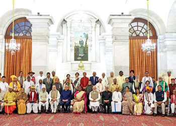 A group phoptograph of Padma awardees with the President, Vice-President, Prime Minister Narendra Modi and Home Minister Amit Shah, at Rashtrapati Bhawan