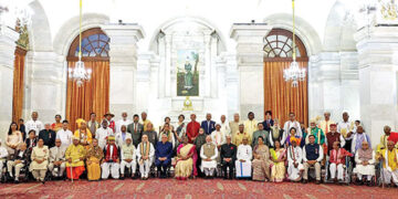 A group phoptograph of Padma awardees with the President, Vice-President, Prime Minister Narendra Modi and Home Minister Amit Shah, at Rashtrapati Bhawan
