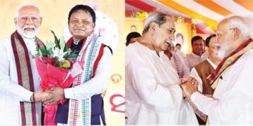 PM Narendra Modi with CM Majhi and (right) Naveen Patnaik