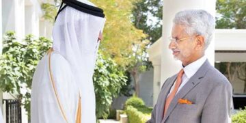 Qatar's Prime Minister Sheikh Mohammed bin Abdulrahman bin Jassim Al Thani with India's External Affairs Minister S Jaishankar