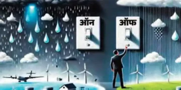 When you switch on, it rains heavily, when you switch it off, the drops come back.