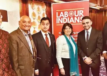 From Left: Krish Raval OBE; Journalist Rajiv Raju Vyas; Coun Deepak Bajaj, Minister Home Office; Seema Malhotra, MP; Hersh Thakrar, Vice-Chair Labour Indians; and Coun Nags Agath, at St James Court, Hotel Taj in London