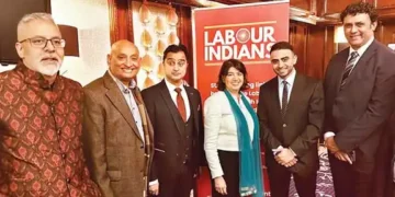 From Left: Krish Raval OBE; Journalist Rajiv Raju Vyas; Coun Deepak Bajaj, Minister Home Office; Seema Malhotra, MP; Hersh Thakrar, Vice-Chair Labour Indians; and Coun Nags Agath, at St James Court, Hotel Taj in London