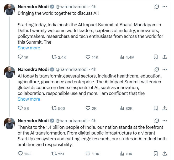 India AI Impact Summit 2026, PM Modi AI Summit, Bharat Mandapam, India AI Impact Expo, AI in healthcare and agriculture, Sarvajana Hitaya Sarvajana Sukhaya.