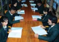 Students at a university campus library in India