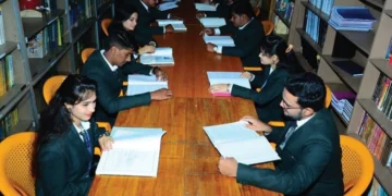 Students at a university campus library in India