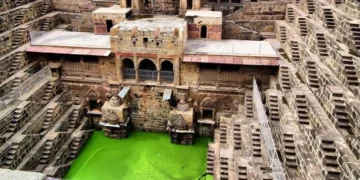A historic stepwell in Rajasthan with descending stone staircase