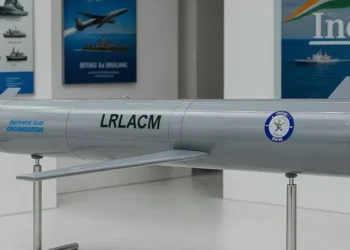 A missile system displayed at a defence exhibition