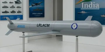 A missile system displayed at a defence exhibition