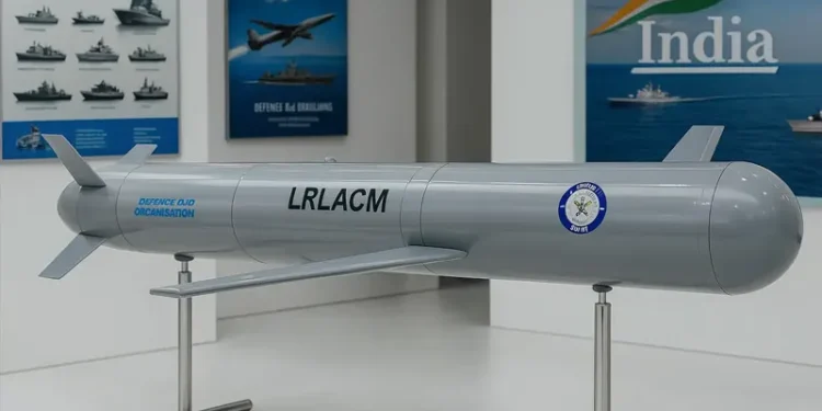 A missile system displayed at a defence exhibition