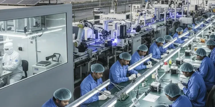 A worker on an electronics assembly line in India
