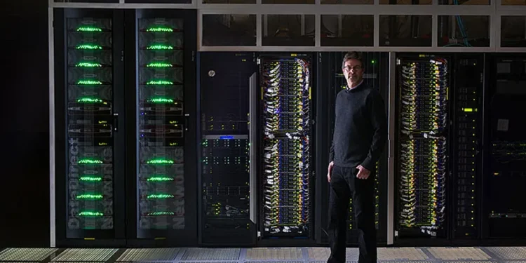 Racks inside a high-performance computing facility